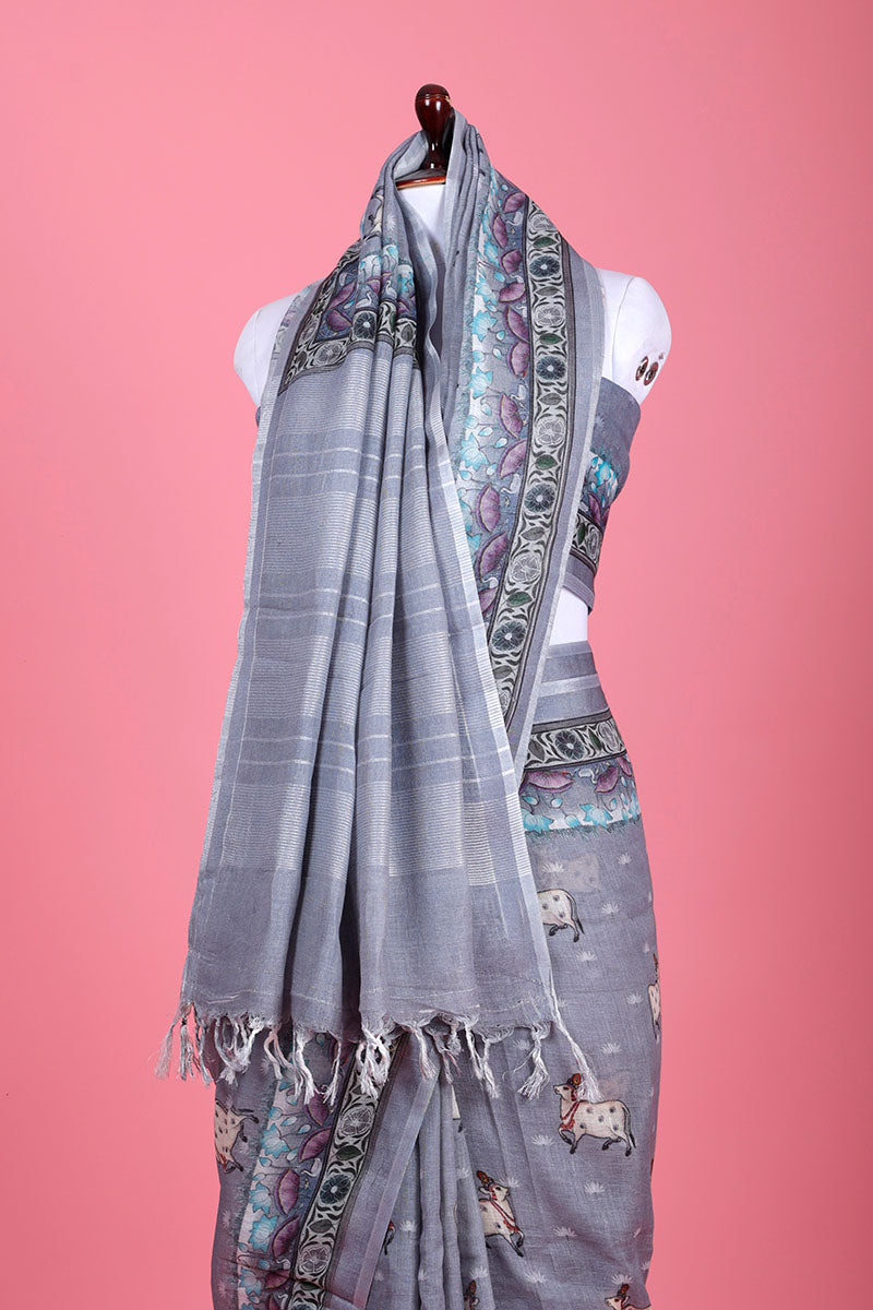 Grey Pichwai Printed Linen Saree - Chinaya Banaras