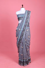 Grey Pichwai Printed Linen Saree At Chinaya Banaras