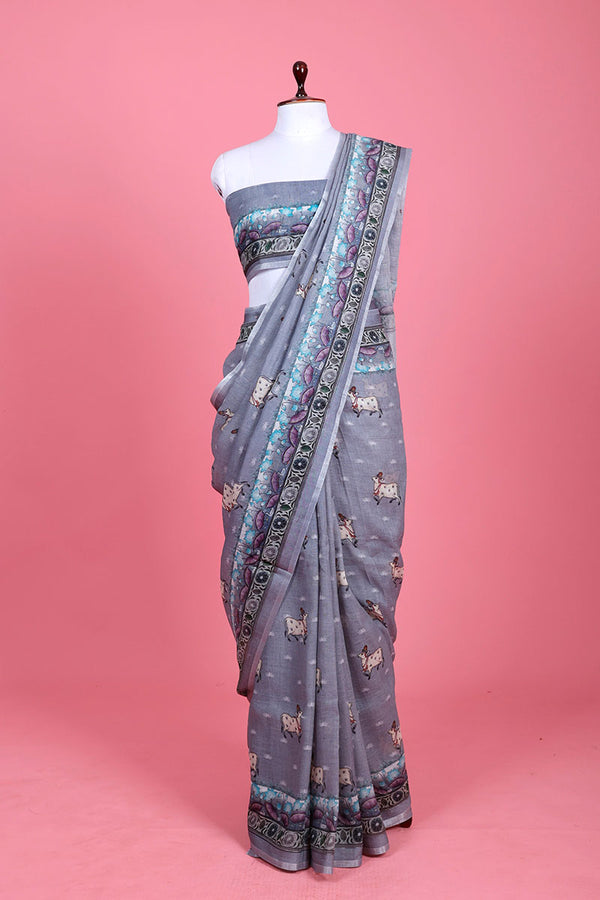 Grey Pichwai Printed Linen Saree At Chinaya Banaras