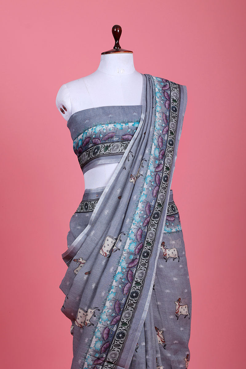 Grey Pichwai Printed Linen Saree - Chinaya Banaras