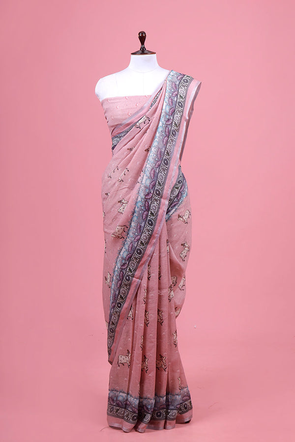 Pink Pichwai Printed Linen Saree By Chinaya Banaras