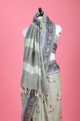 Sage Green Pichwai Printed Linen Saree - Chinaya Banaras