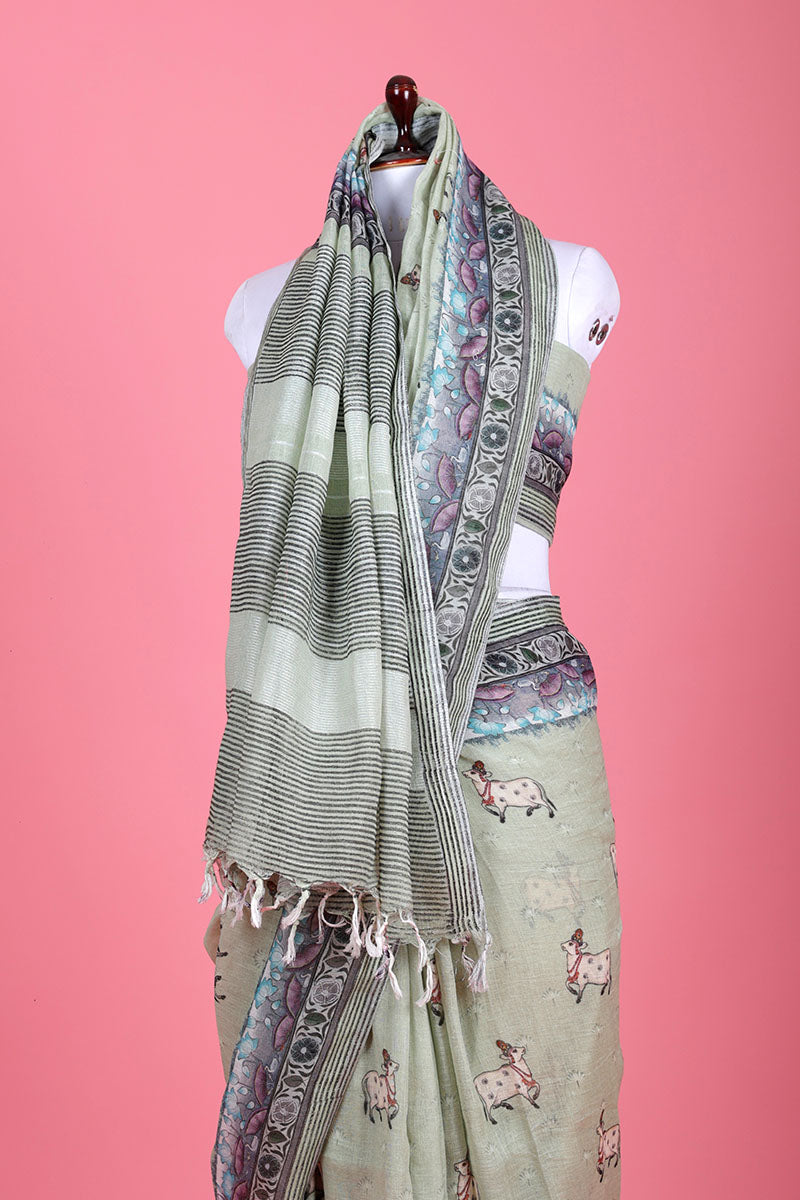 Sage Green Pichwai Printed Linen Saree - Chinaya Banaras