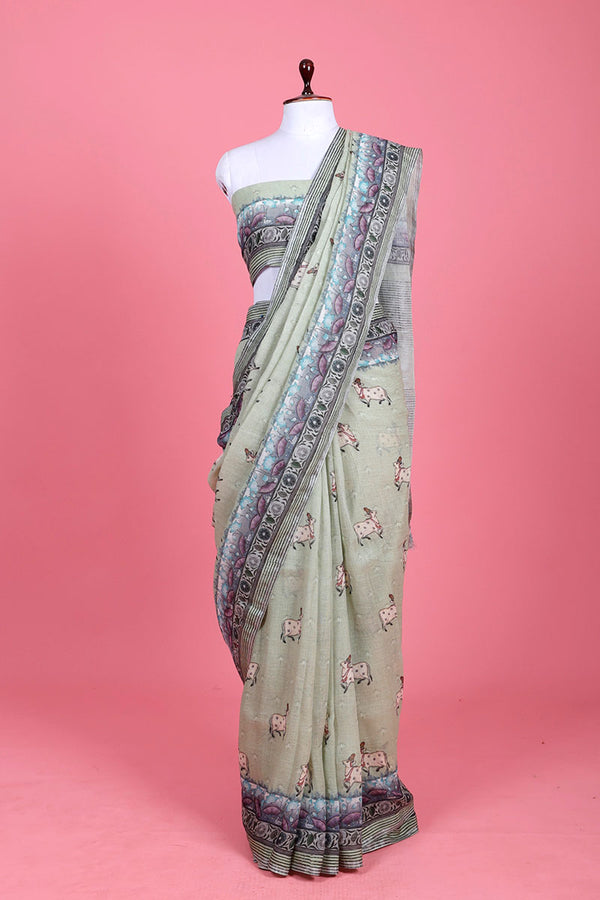 Green Pichwai Printed Linen Saree At Chinaya Banaras
