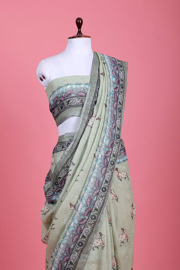Sage Green Pichwai Printed Linen Saree - Chinaya Banaras