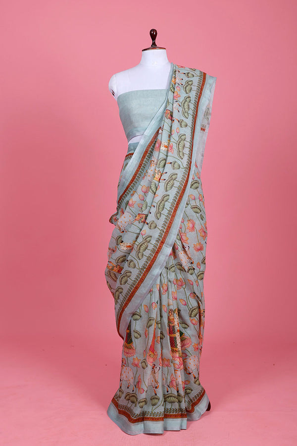 Blue Pichwai Printed Linen Saree At Chinaya Banaras