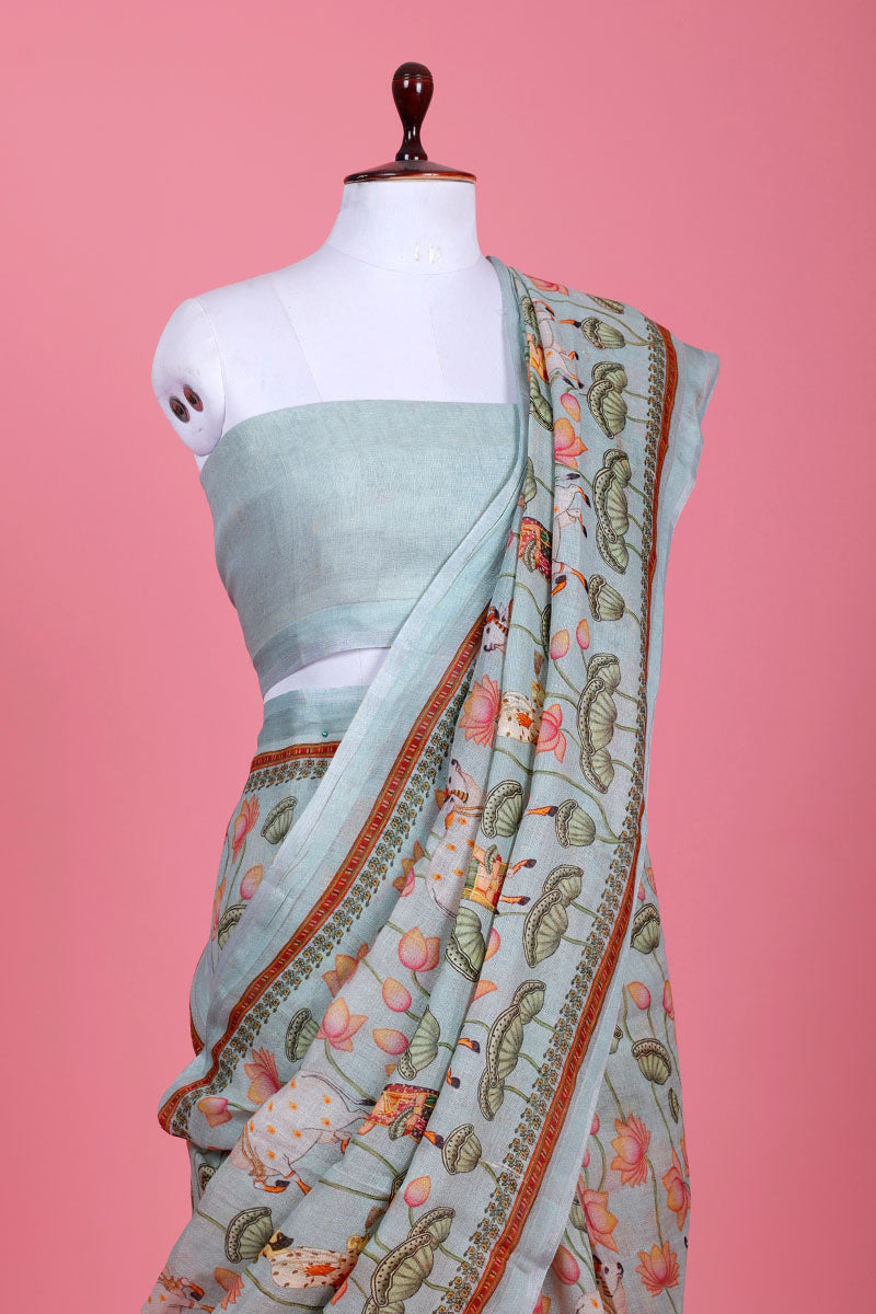 Powder Blue Pichwai Printed Linen Saree - Chinaya Banaras