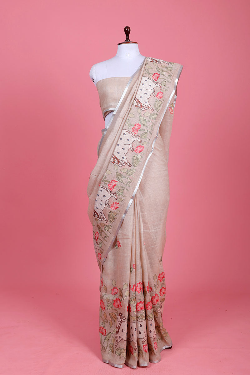 Beige Pichwai Embroidered Linen Saree At Chinaya Banaras