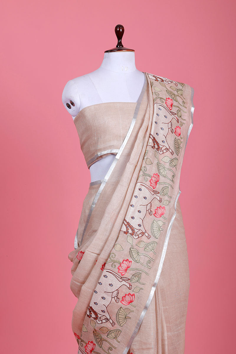 Beige Pichwai Embroidered Linen Saree - Chinaya Banaras