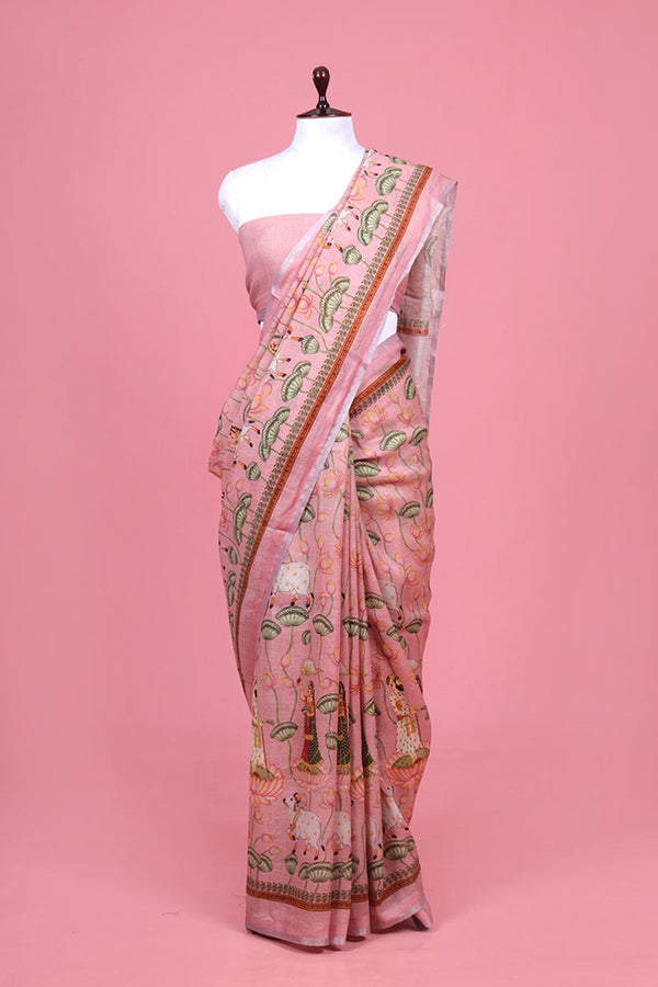 Pichwai Printed Linen Saree By Chinaya Banaras