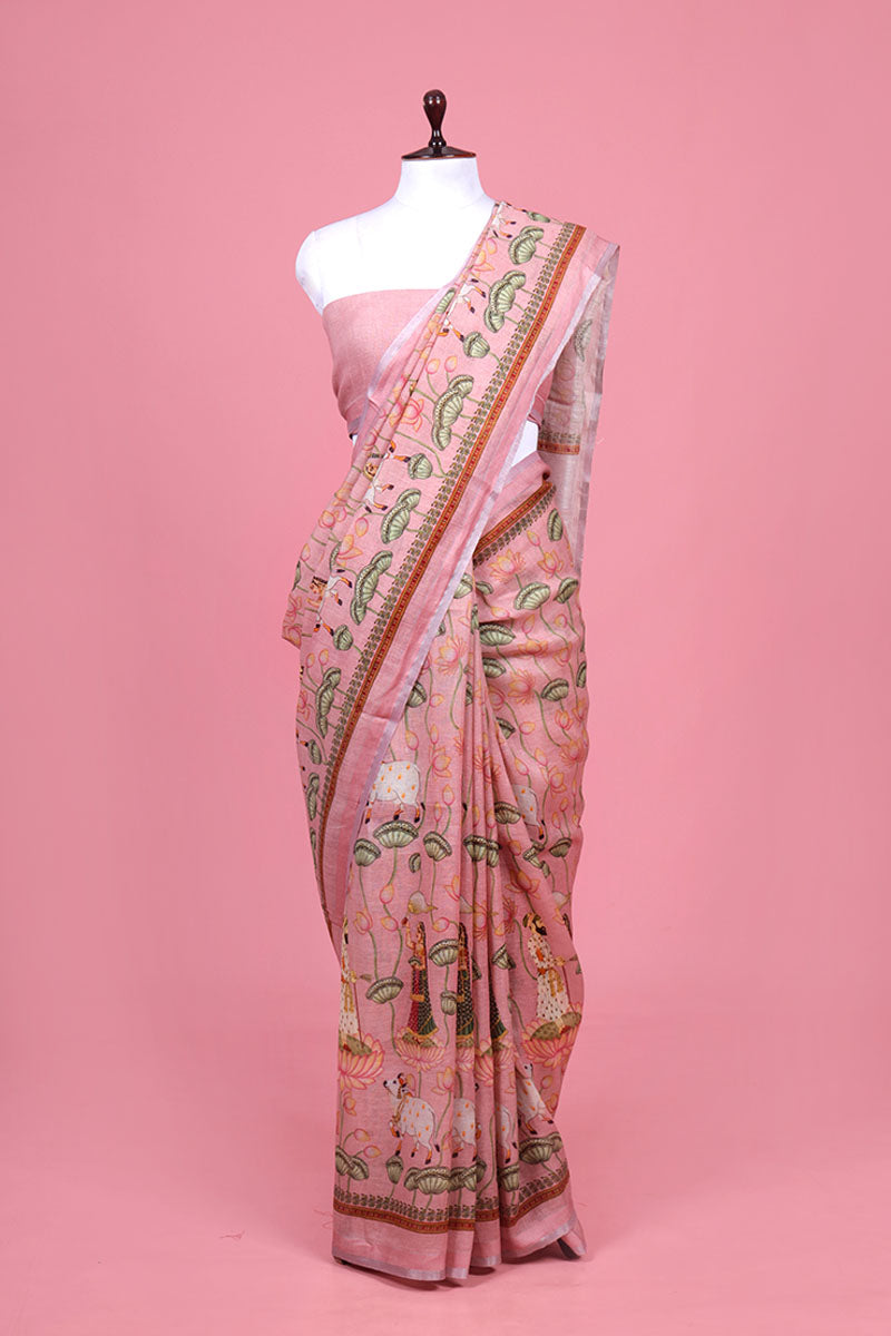 Pichwai Printed Linen Saree By Chinaya Banaras