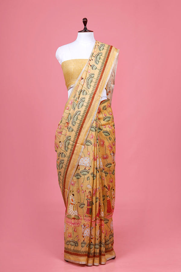 Pichwai Printed Linen Saree By Chinaya Banaras