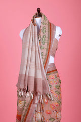 Rust Peach Pichwai Printed Linen Saree - Chinaya Banaras
