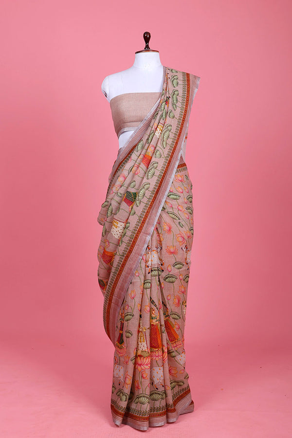 Peach Pichwai Printed Linen Saree At Chinaya Banaras