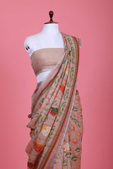 Rust Peach Pichwai Printed Linen Saree - Chinaya Banaras