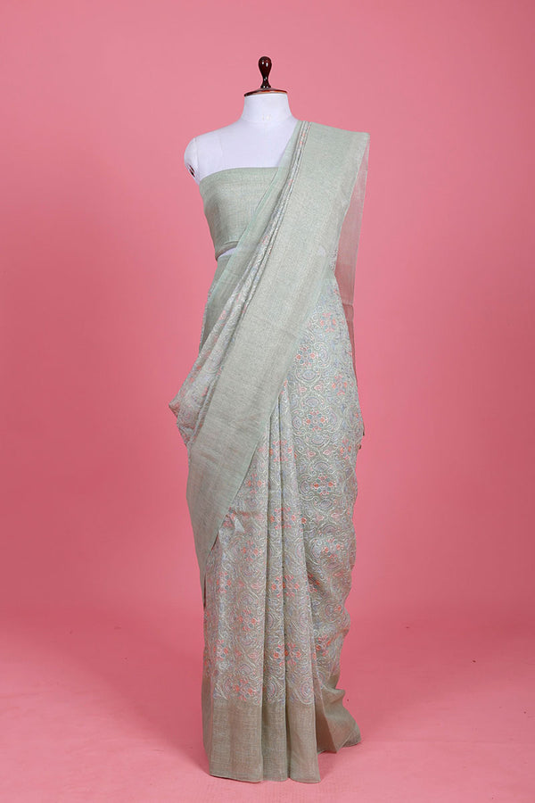 Green Embroidered Linen Saree At Chinaya Banaras