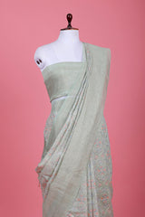 Powder Green Embroidered Linen Saree - Chinaya Banaras
