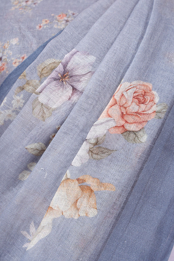 Bluish Grey Floral Printed Linen Saree