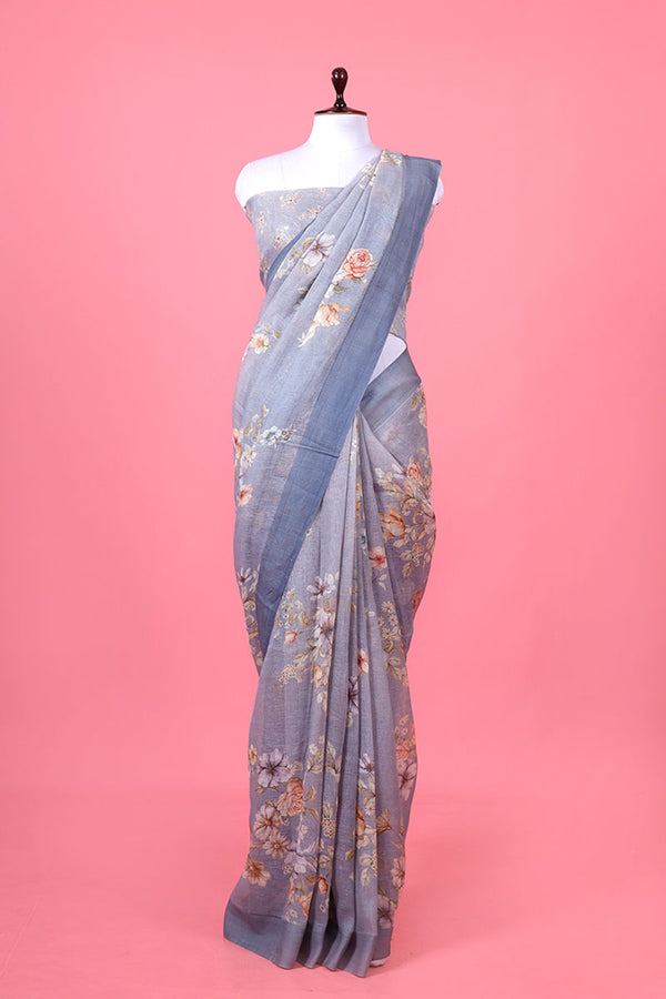 Grey Floral Printed Linen Saree By Chinaya Banaras