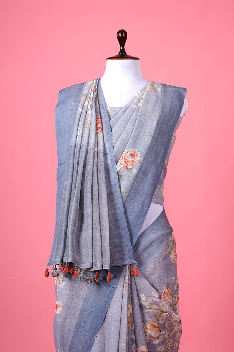Bluish Grey Floral Printed Linen Saree