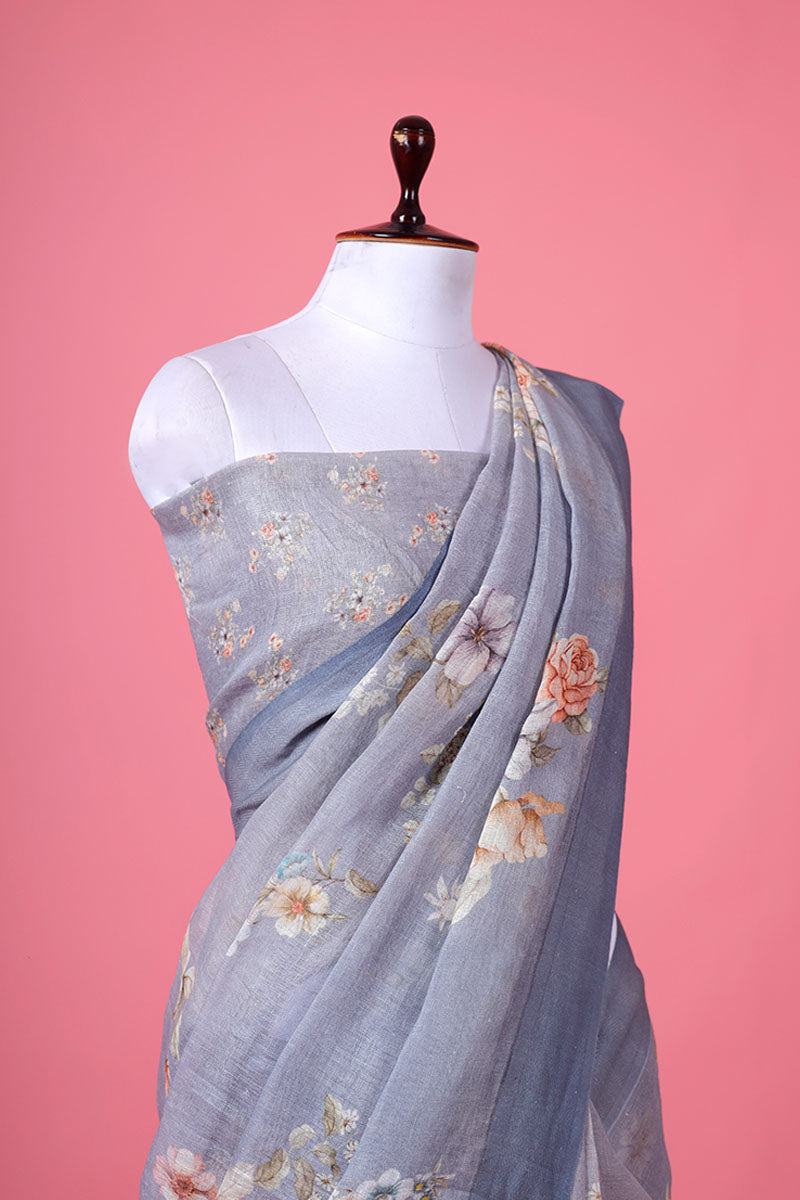 Bluish Grey Floral Printed Linen Saree