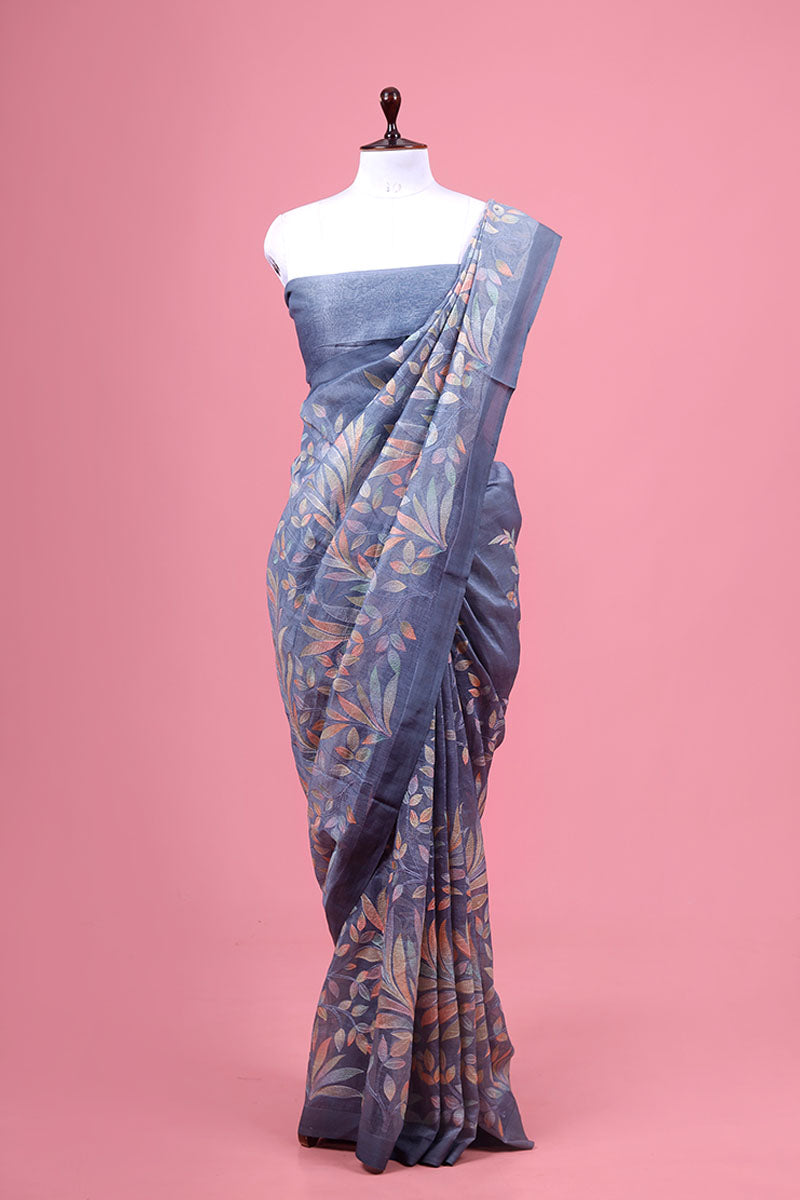 Grey Floral Embroidered Linen Saree By Chinaya Banaras