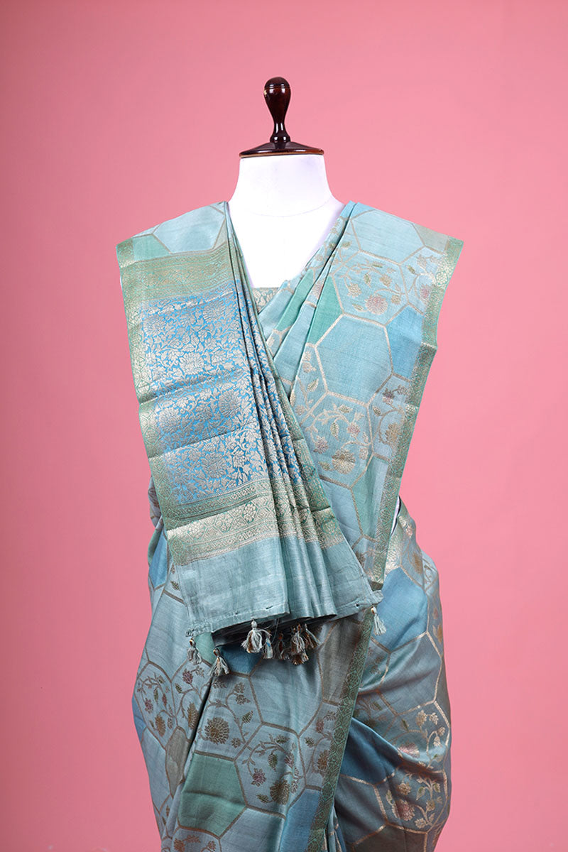 Powder Blue Rangkat Woven Chiniya Silk Saree