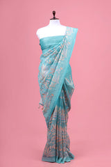 Blue Floral Embroidered Linen Saree By Chinaya Banaras