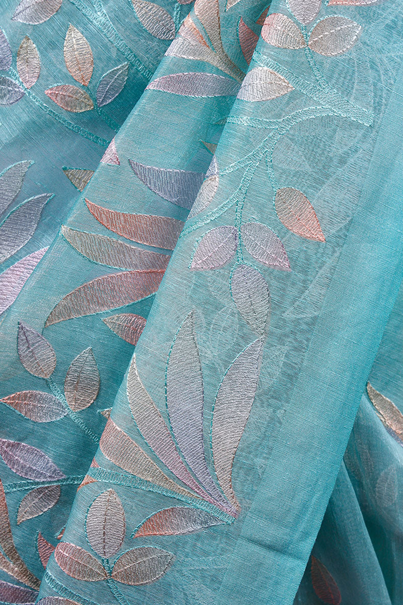 Floral Embroidered Pure Linen Saree