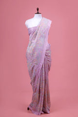 Pink Floral Embroidered Linen Saree By Chinaya Banaras