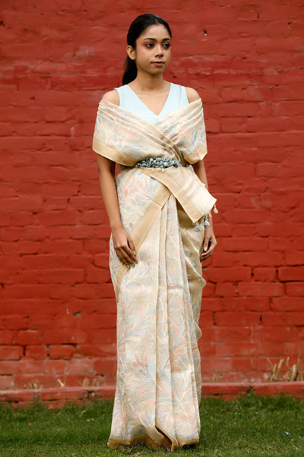 Beige Embroidered Linen Saree By Chinaya Banaras
