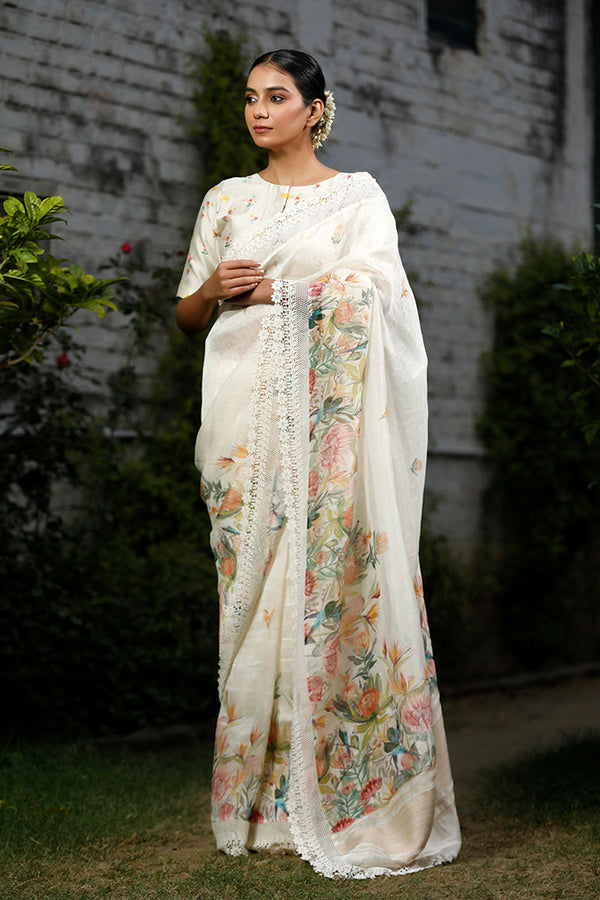 White & Multicolored  Floral Printed Linen Saree