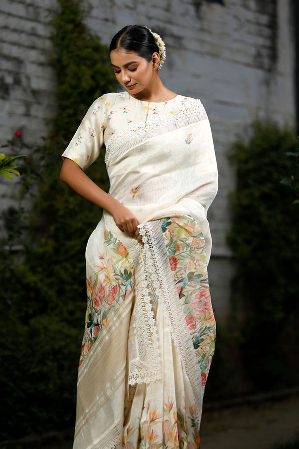 White & Multicolored  Floral Printed Linen Saree