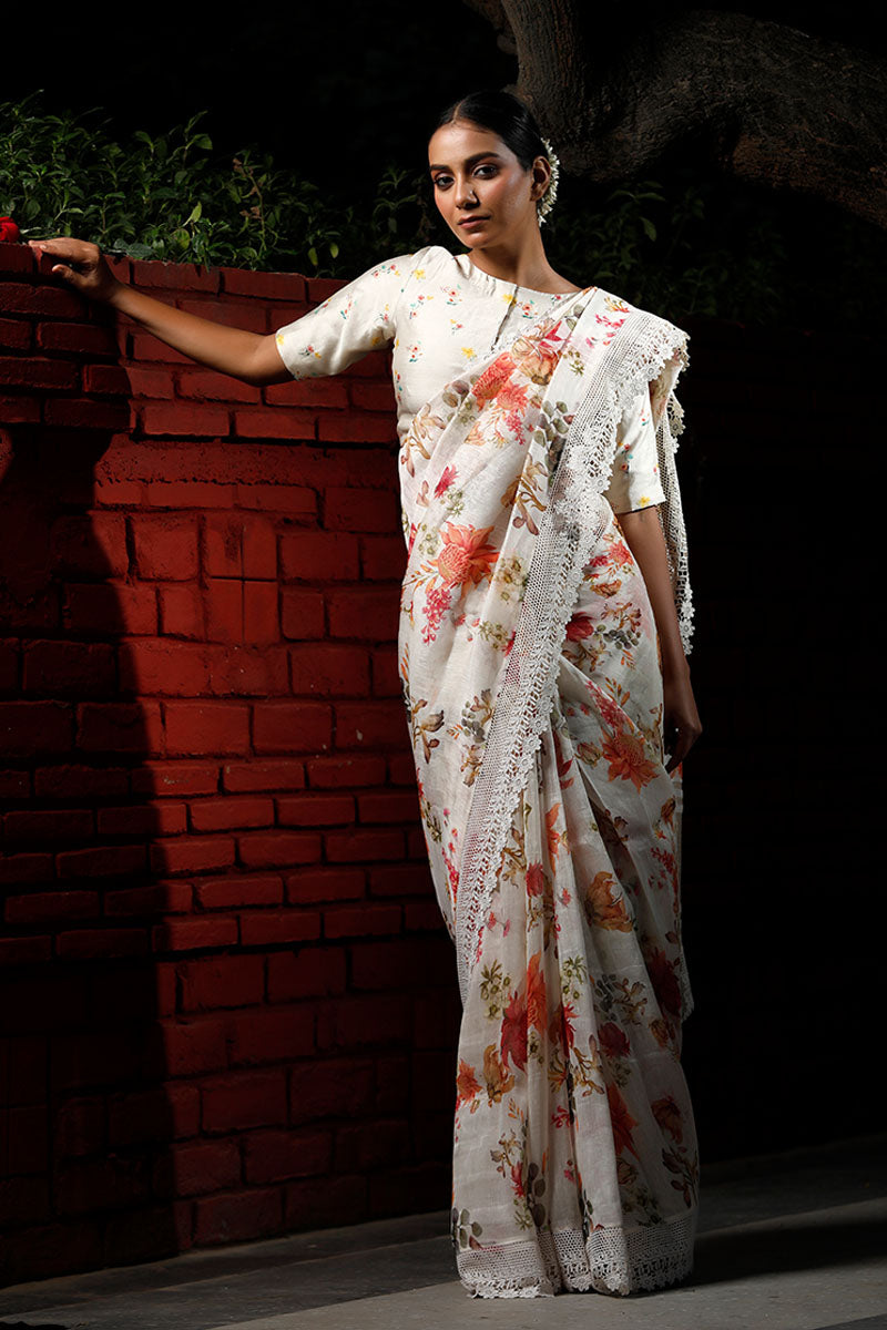 White Floral Printed Pure Linen Saree