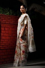 White Floral Printed Pure Linen Saree