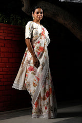 White Floral Printed Pure Linen Saree