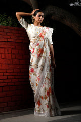 White Floral Printed Pure Linen Saree by Chinaya Banaras