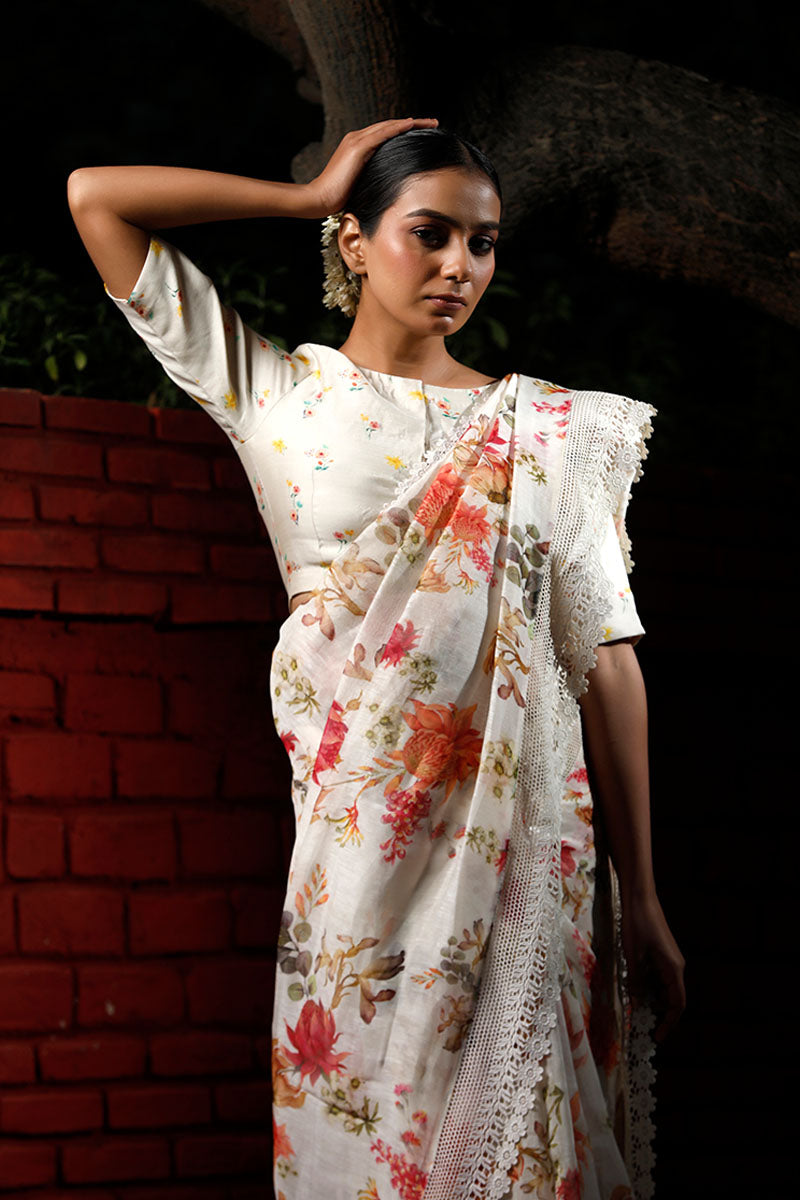 White Floral Printed Pure Linen Saree