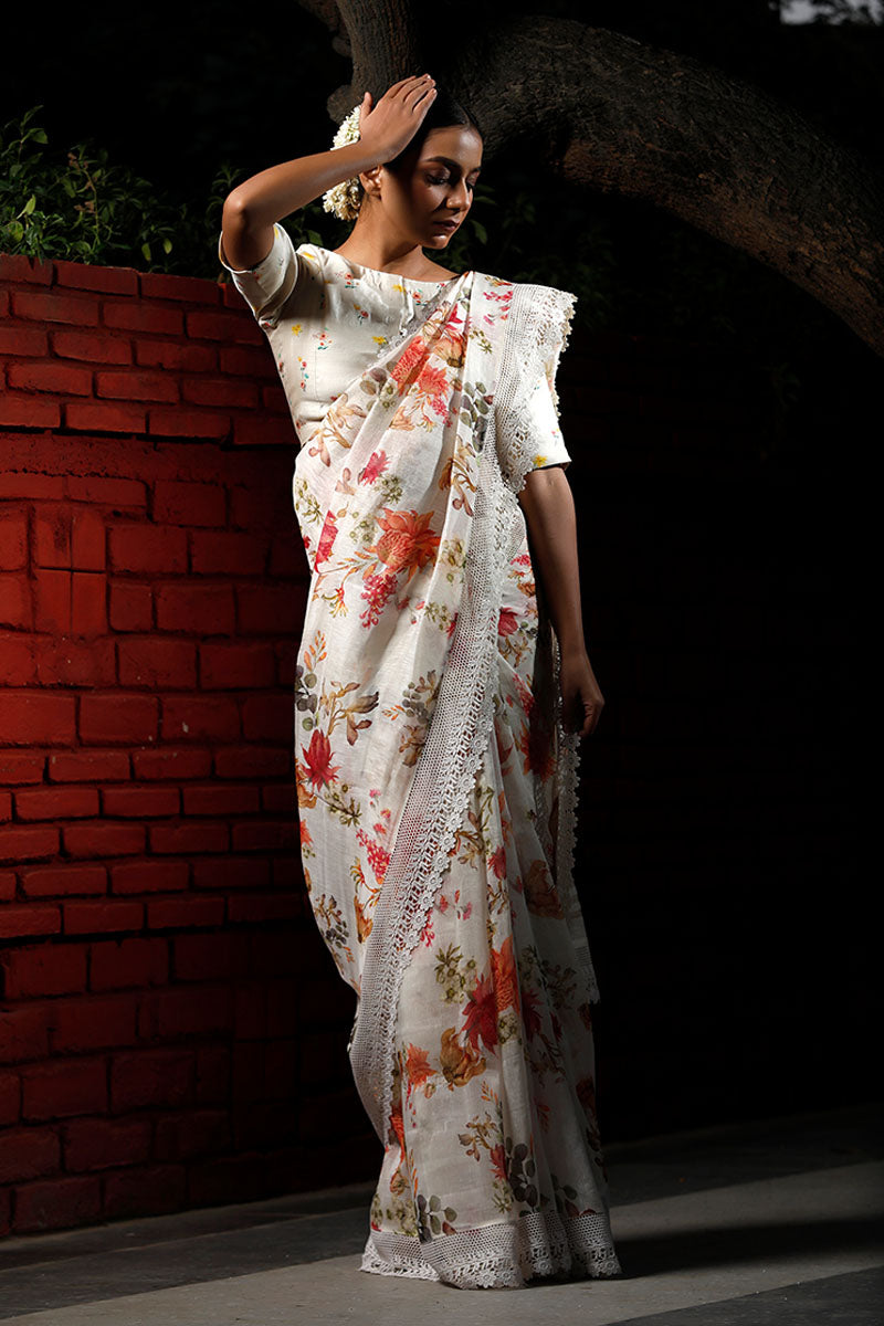 White Floral Printed Pure Linen Saree