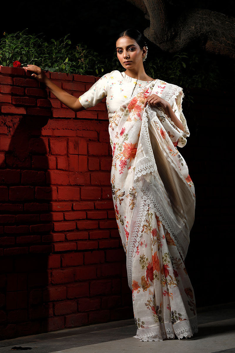 White Floral Printed Pure Linen Saree