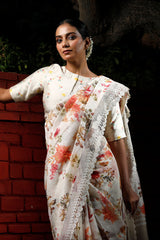 White Floral Printed Pure Linen Saree