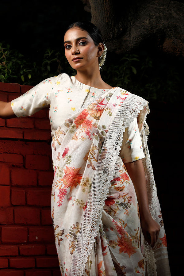 White Floral Printed Pure Linen Saree