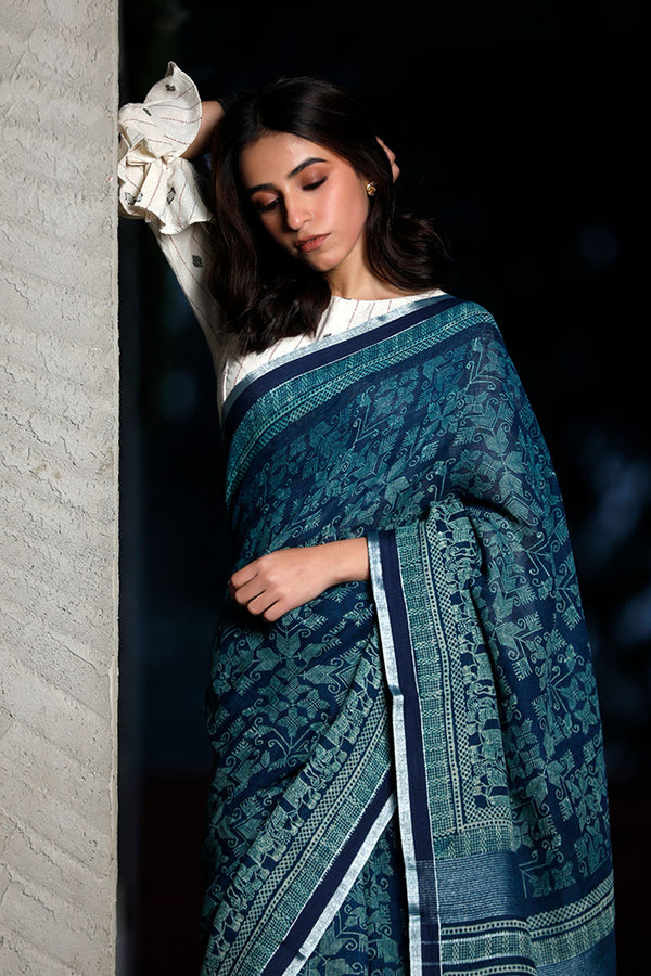 Navy Blue Ethnic Printed Pure Linen Saree