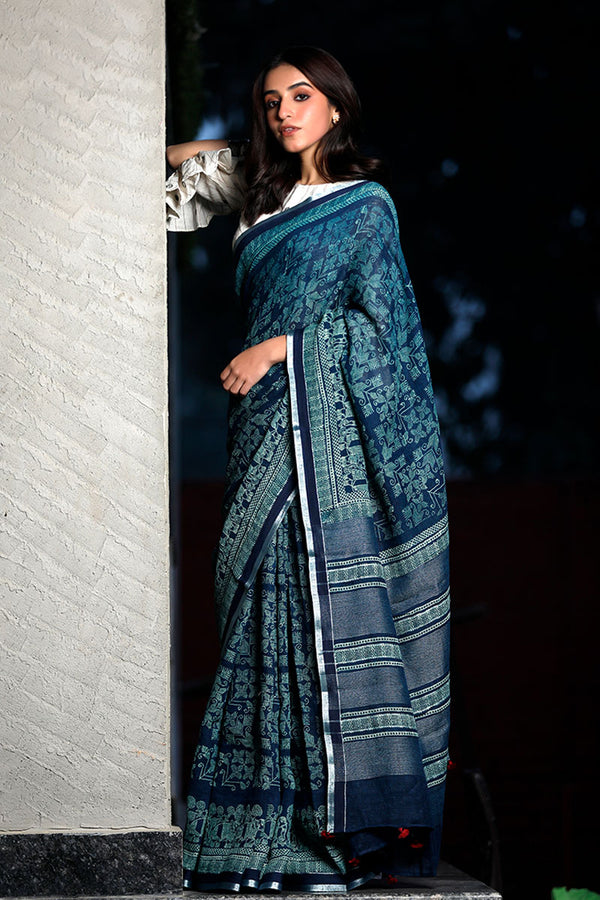 Blue Printed Pure Linen Saree By Chinaya Banaras