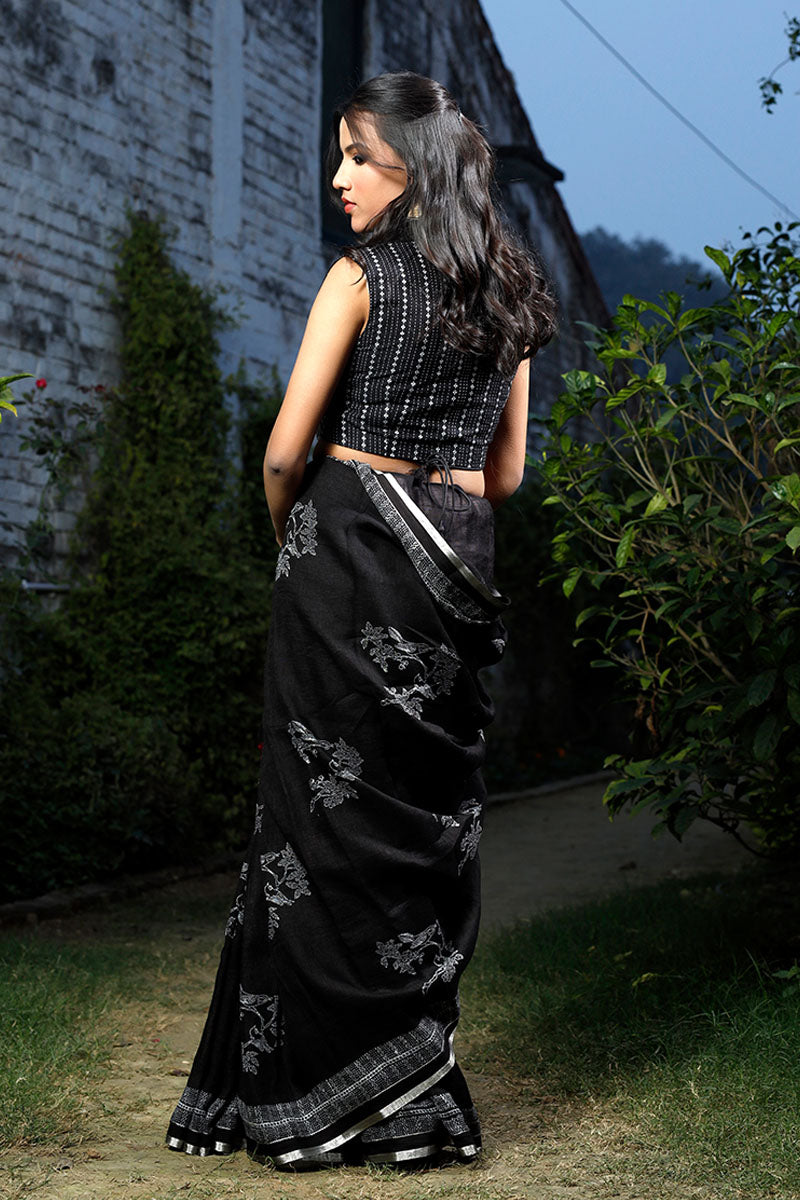 Midnight Black Ethnic Printed Linen Saree