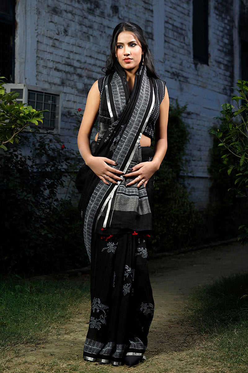 Midnight Black Ethnic Printed Linen Saree