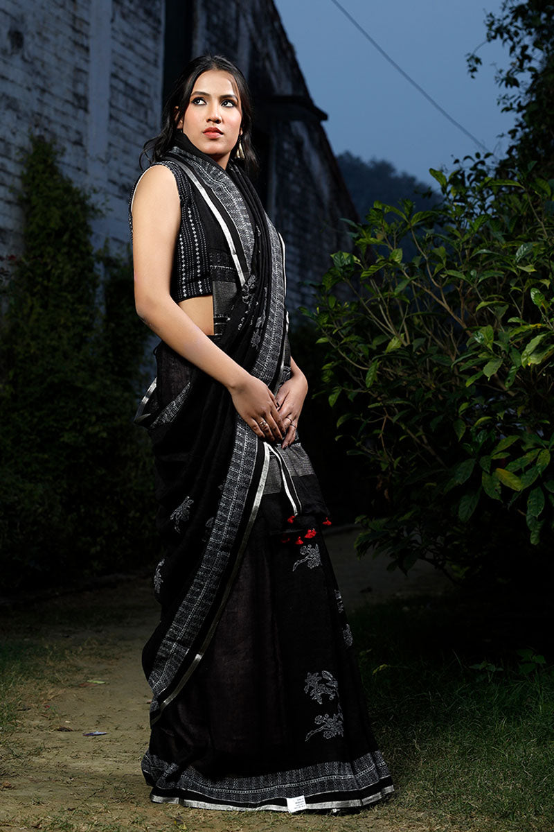 Midnight Black Ethnic Printed Linen Saree