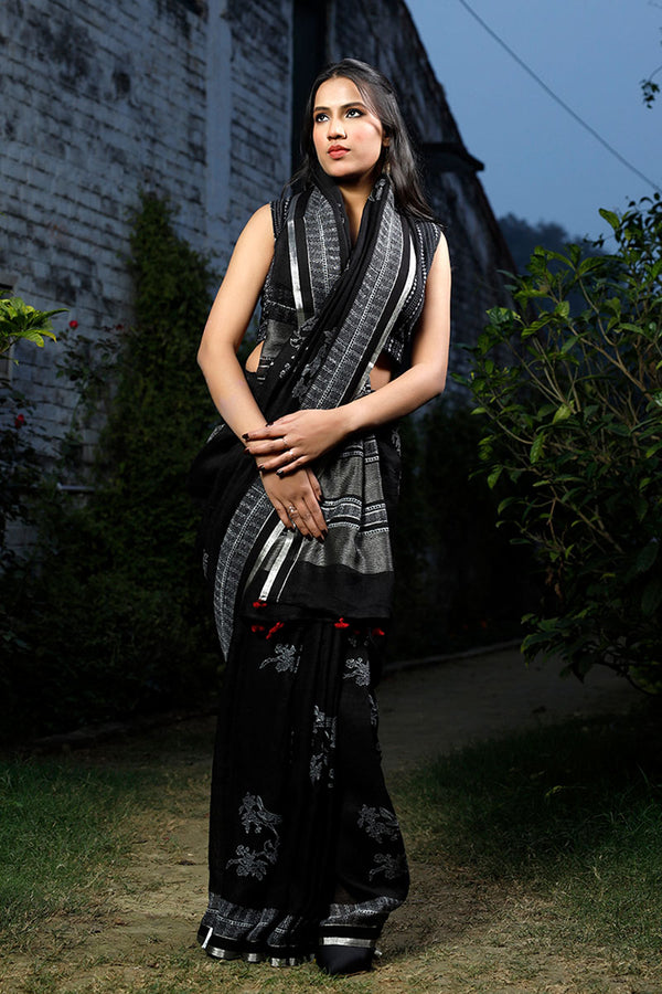 Midnight Black Ethnic Printed Linen Saree
