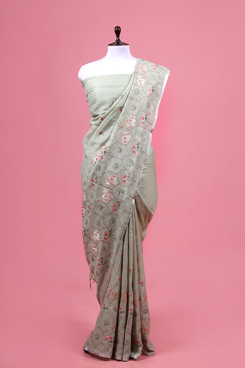 Green Pichwai Embroidered Linen Saree By Chinaya Banaras