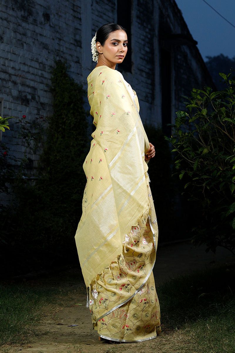 Pichwai Embroidered Linen Saree